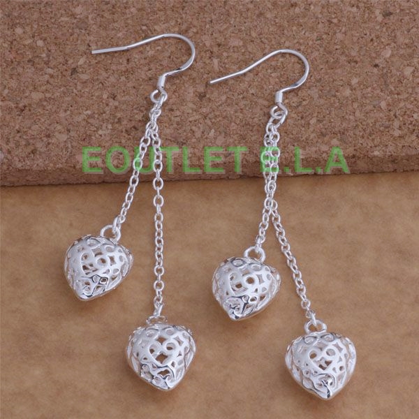 80mm FILIGREE PUFF HEARTS SILVER DANGLE EARRINGS